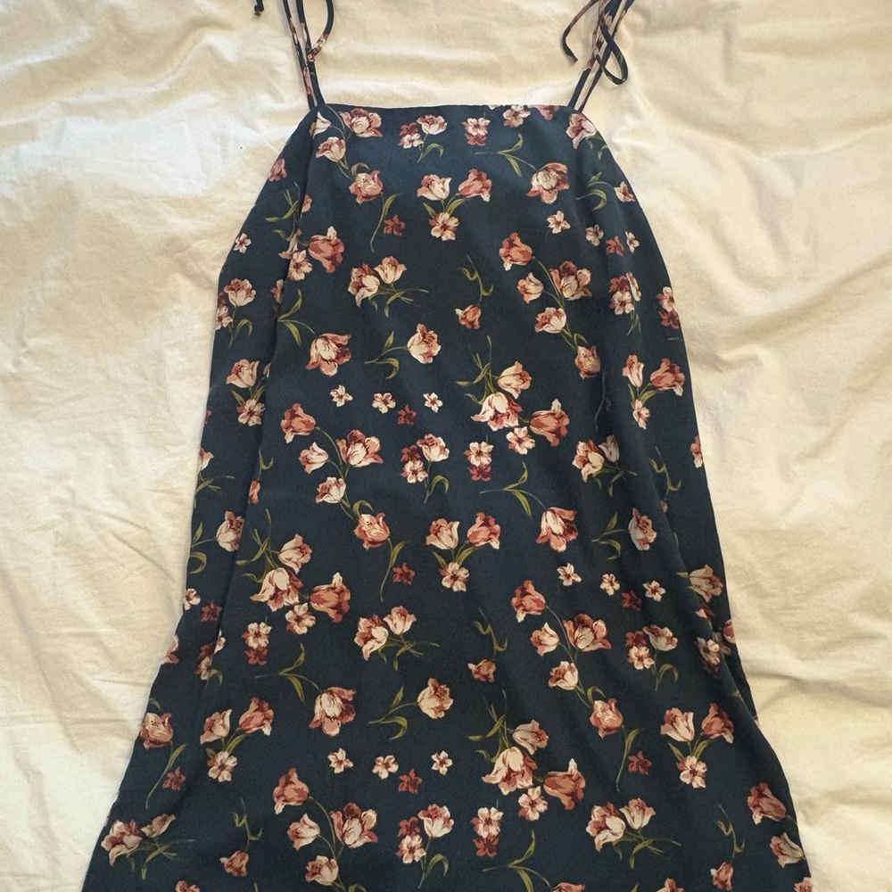 Dee Elly Floral Navy Teal Mini Dress with Pink Bloom Print